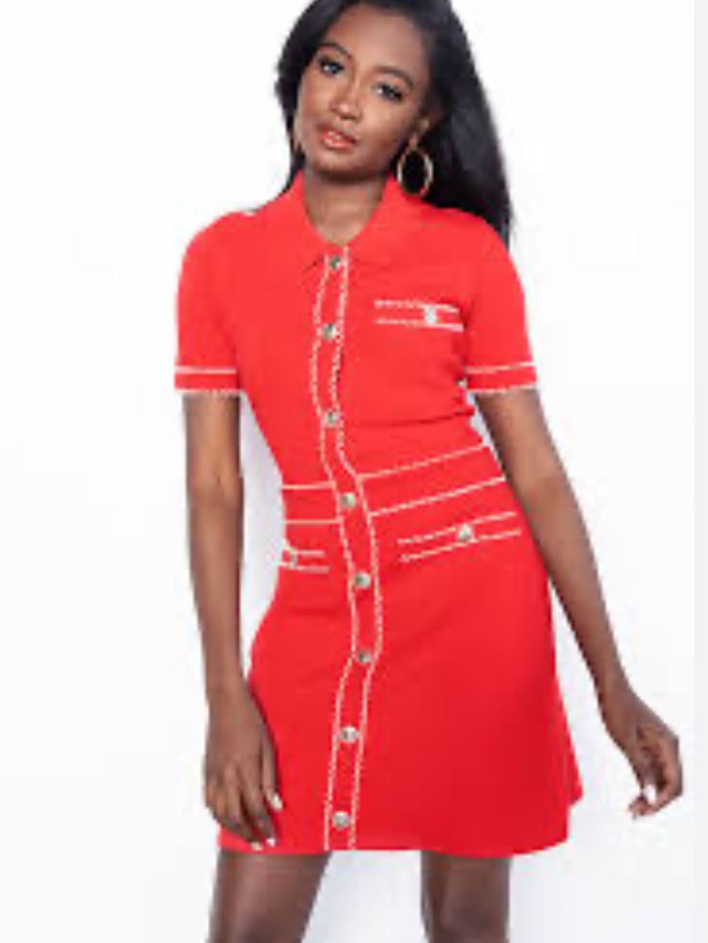 Maje Red Short-Sleeve Button-Front Mini Dress with Contrast Stitching